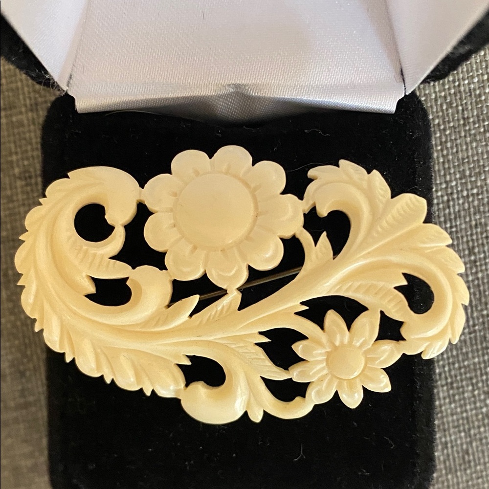Vintage or Antique Victorian Floral Carved Bone Brooch